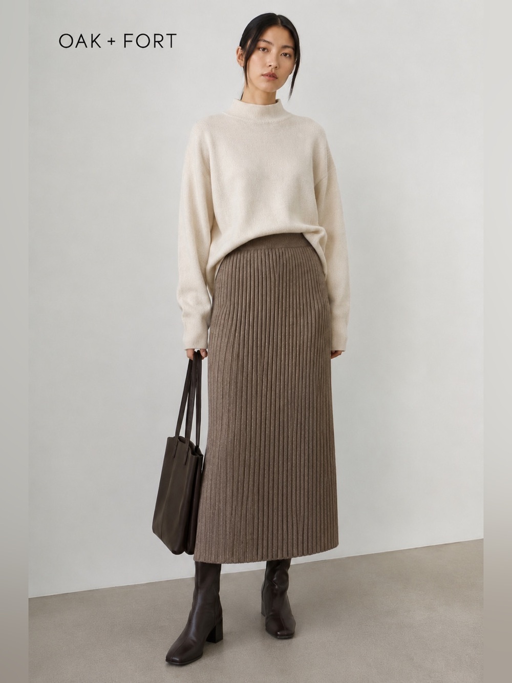 Oak + Fort Ribbed Knit Midi Skirt Taupe Brown Back Slit Size M